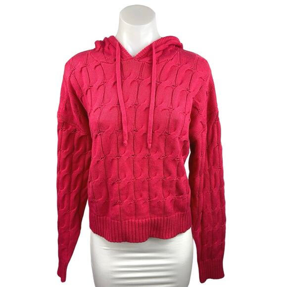 Anthropologie Red Cable Chunky Knit Pullover Hooded Sweater Jacket Top Size L - Picture 1 of 5